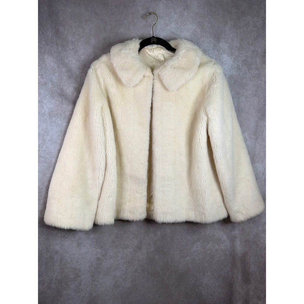 Vintage Fur Jacket Women Large Ivory White Collared Glam Coat Mob Wife Mink Open